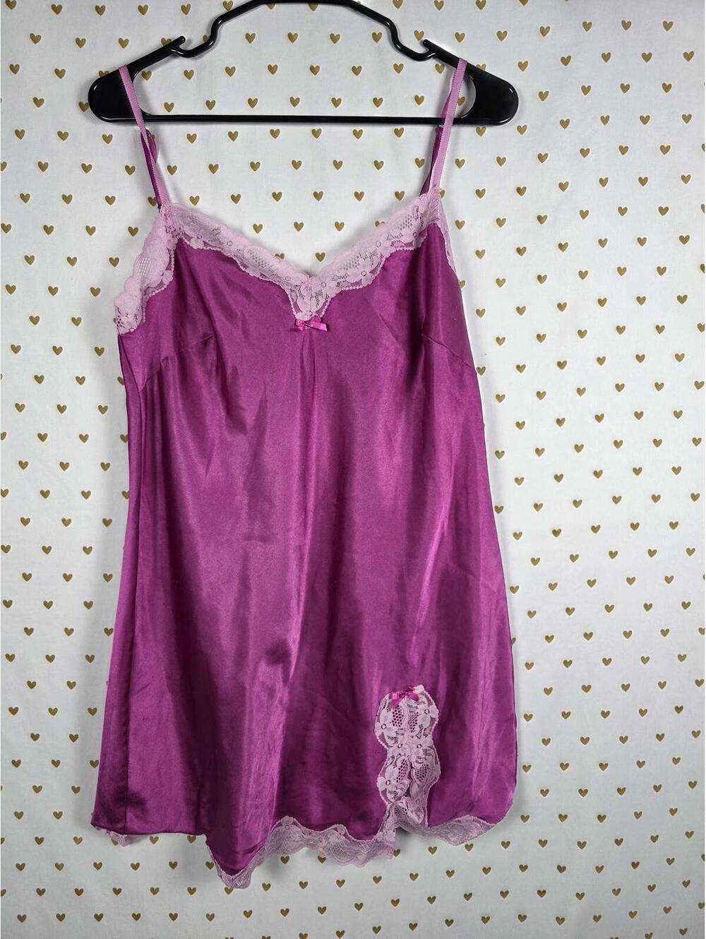 Victorias Secret Silky Purple Satin Lace Lined Chemise Slip Lingerie LARGE